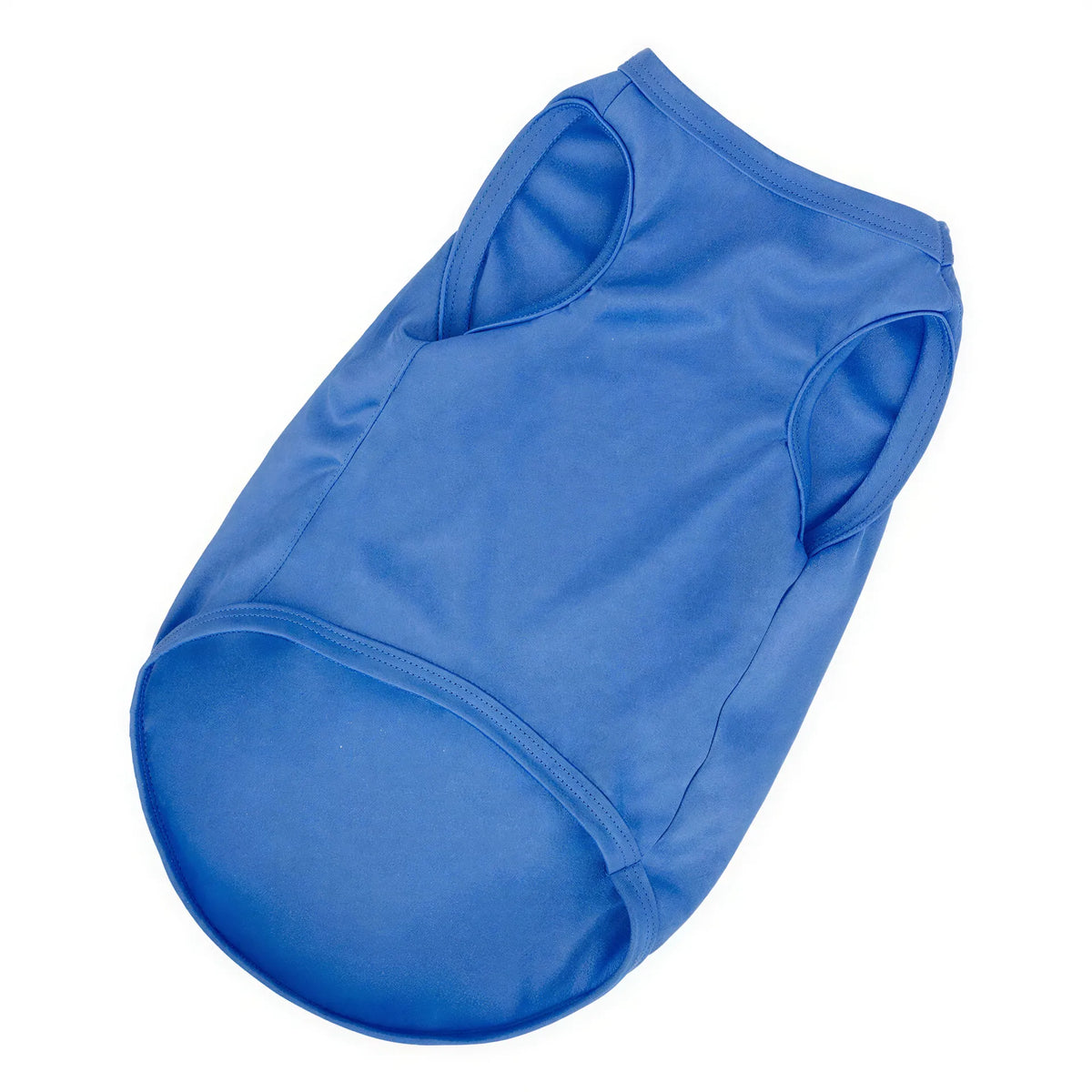Blue fabric dog tank top vest with armholes and a rounded hem, shown flat against a white background.