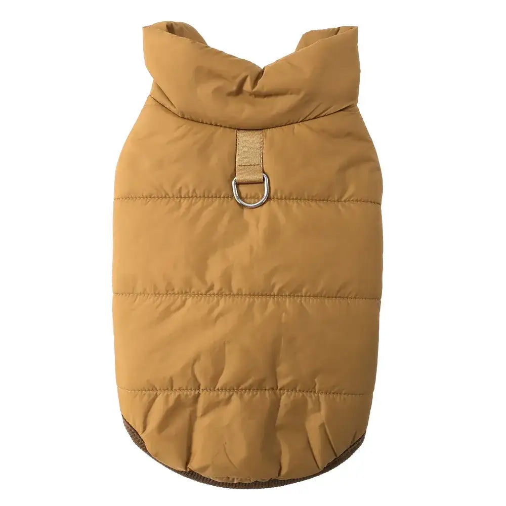 Tan quilted fabric dog coat with a high collar and a metal D-ring on the back.