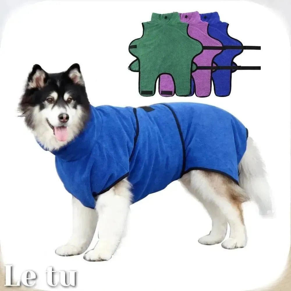 A dog wearing a blue microfiber bathrobe, with a collage of the bathrobe in different colors (green, purple, and blue) presented alongside.