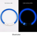 Two blue plastic dog collars shown side-by-side: one unlit on white and one glowing blue in the dark.