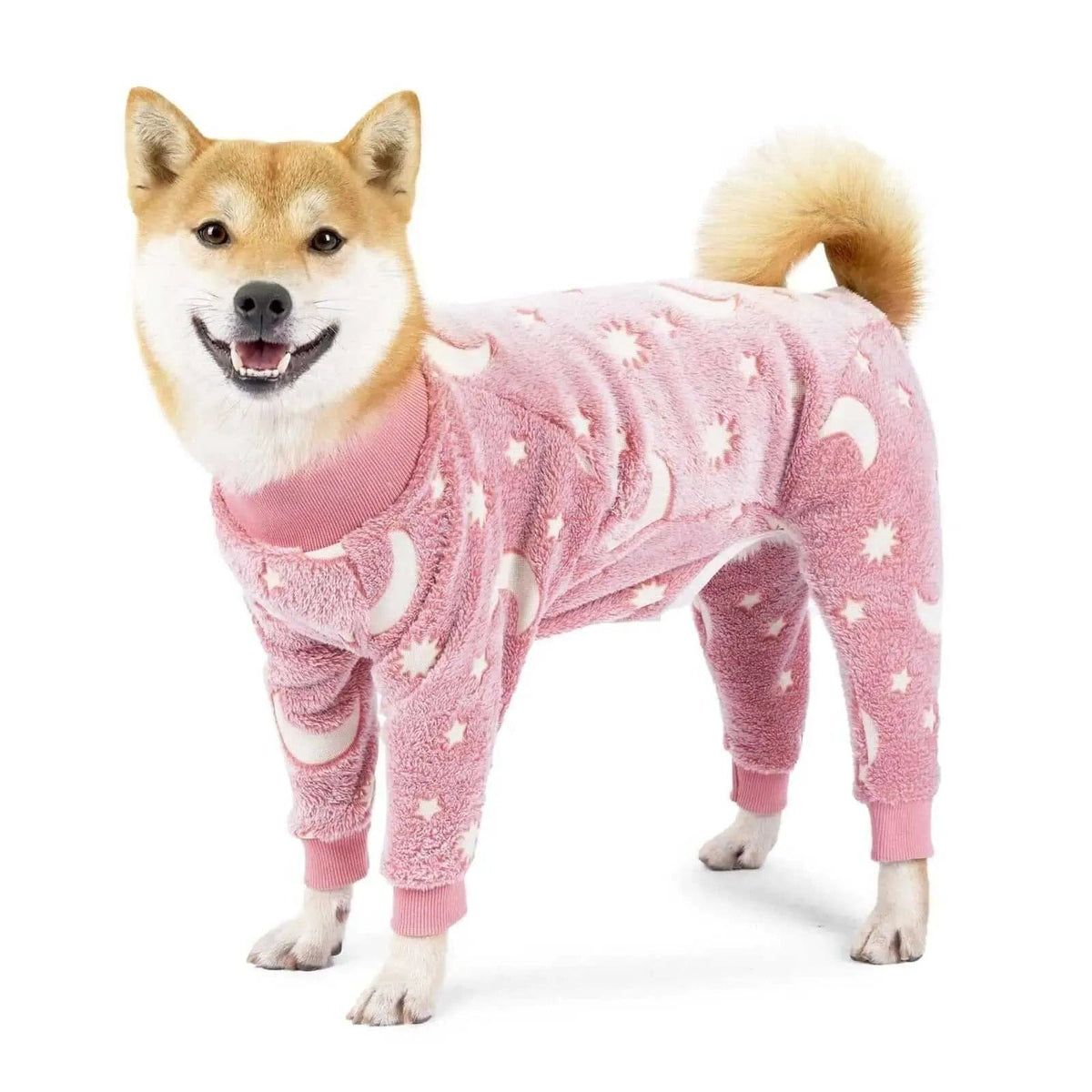 Shiba Inu dog wearing a pink fleece onesie with white moon and star patterns on a white background.