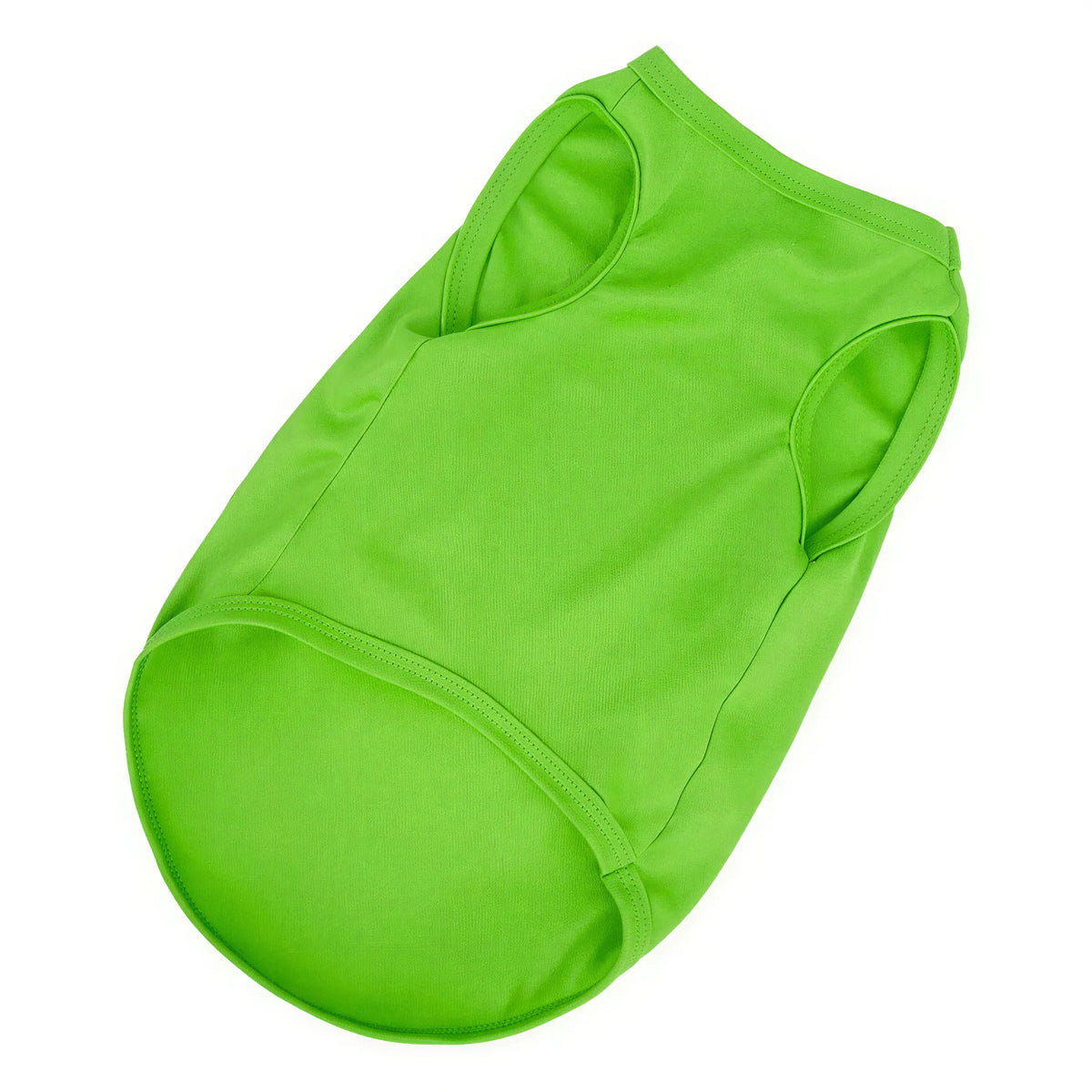 Bright green fabric dog tank top vest with arm holes and a ribbed neck, shown flat on a white background.