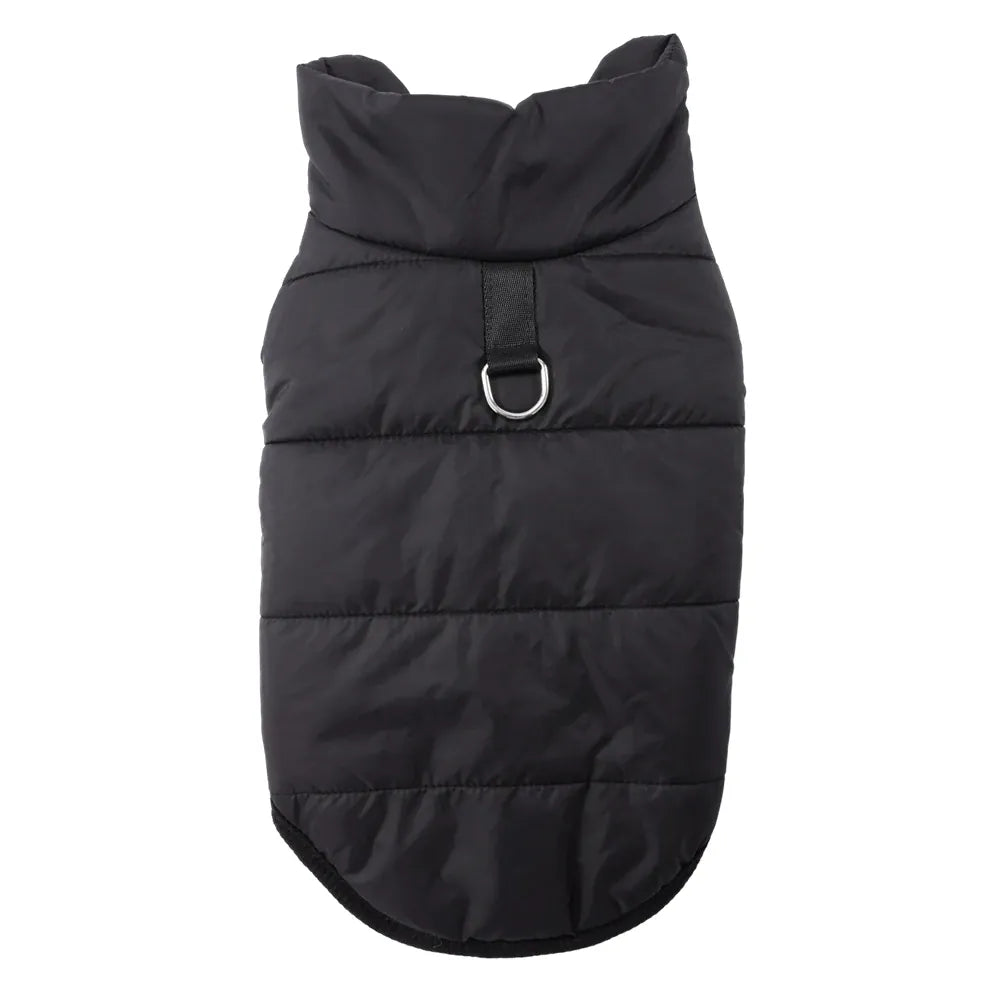 Black quilted fabric dog coat with a high collar and a metal D-ring leash attachment on the back.