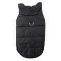 Black quilted fabric dog coat with a high collar and a metal D-ring leash attachment on the back.