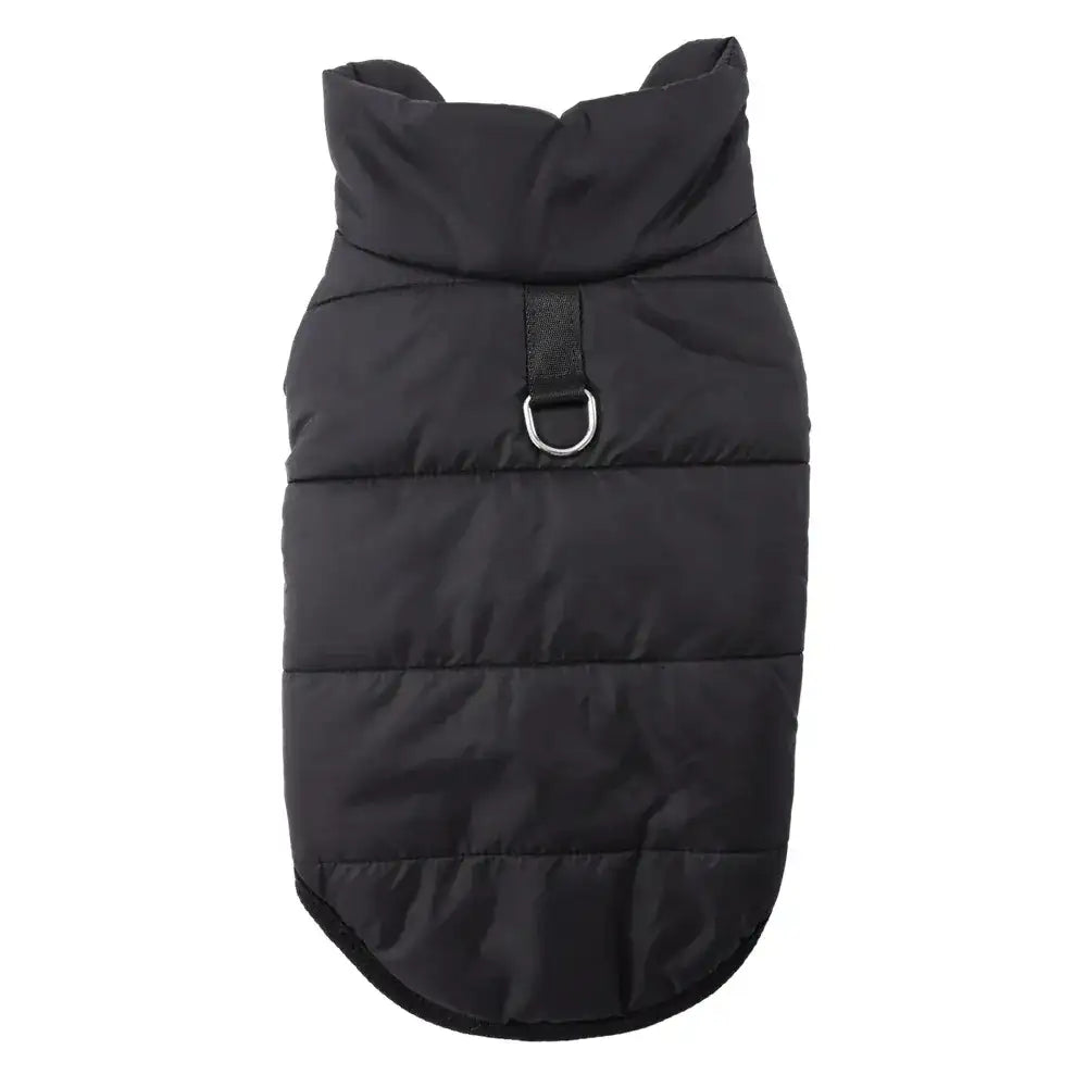 Black quilted fabric dog coat with a high collar and a metal D-ring leash attachment on the back.