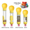 A collection of travel water bottles for dogs with separate compartments for water and food, shown in various sizes with additional rolls of bags.