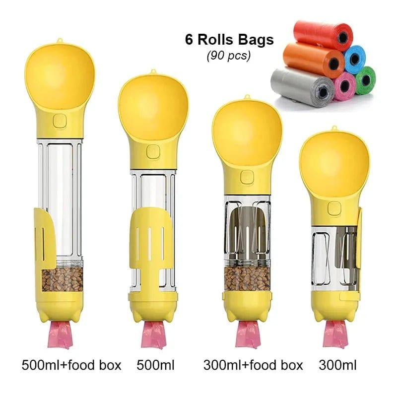A collection of travel water bottles for dogs with separate compartments for water and food, shown in various sizes with additional rolls of bags.