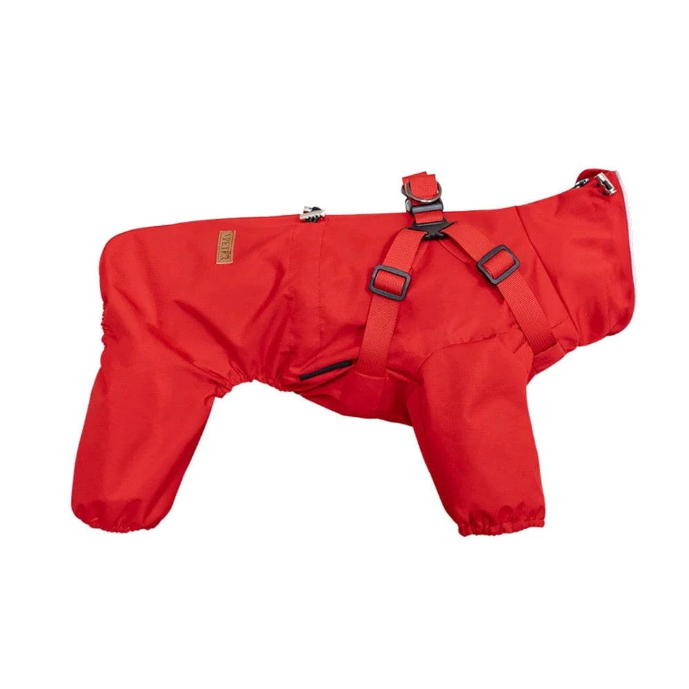 A red dog raincoat with harness designed to keep the dog dry and comfortable during rainy walks. The raincoat is made of waterproof material and features adjustable straps, a built-in leash attachment, and reflective details for visibility.