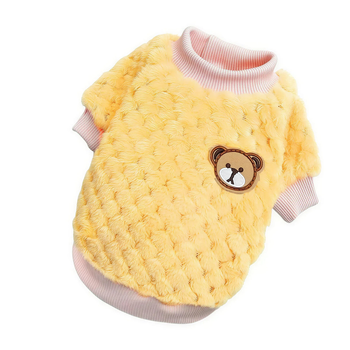Yellow fuzzy fabric pet sweater with pink ribbed trim and a brown bear patch on the chest.
