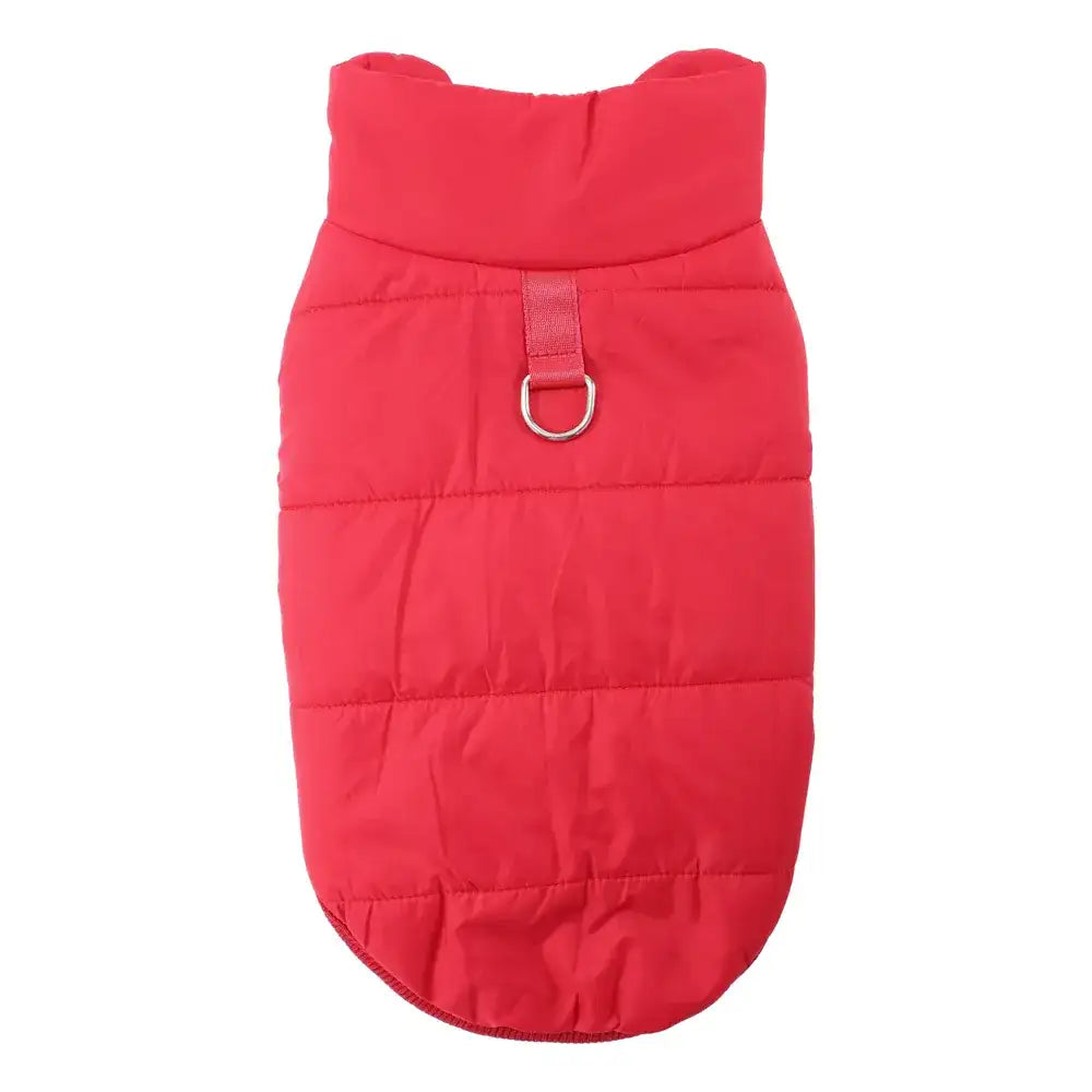 Red quilted fabric dog coat in bright pink with a high collar and a metal D-ring on the back.