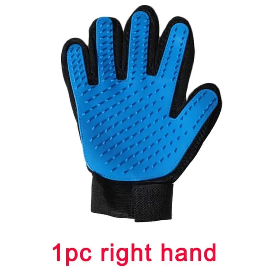Blue and black fabric pet grooming glove with rubber bristles and text reading 1pc right hand.