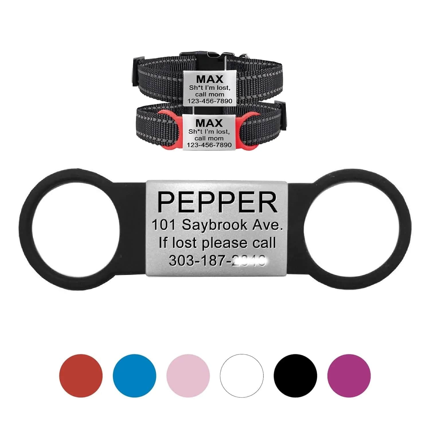 A personalized dog tag with the name 'Pepper' and example text engraved on it, shown in a black color with a red and black silicone slip on dog collar in the background.