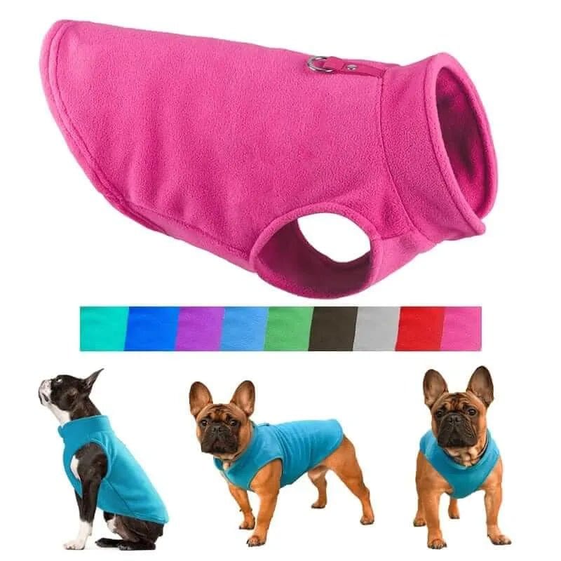 A colorful collection of dog fleece jackets, with representations of dogs wearing the jackets in different colors.
