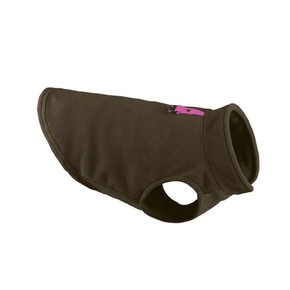 Brown fleece dog jacket with a high collar, leg holes, and a small pink accent tab on the back.