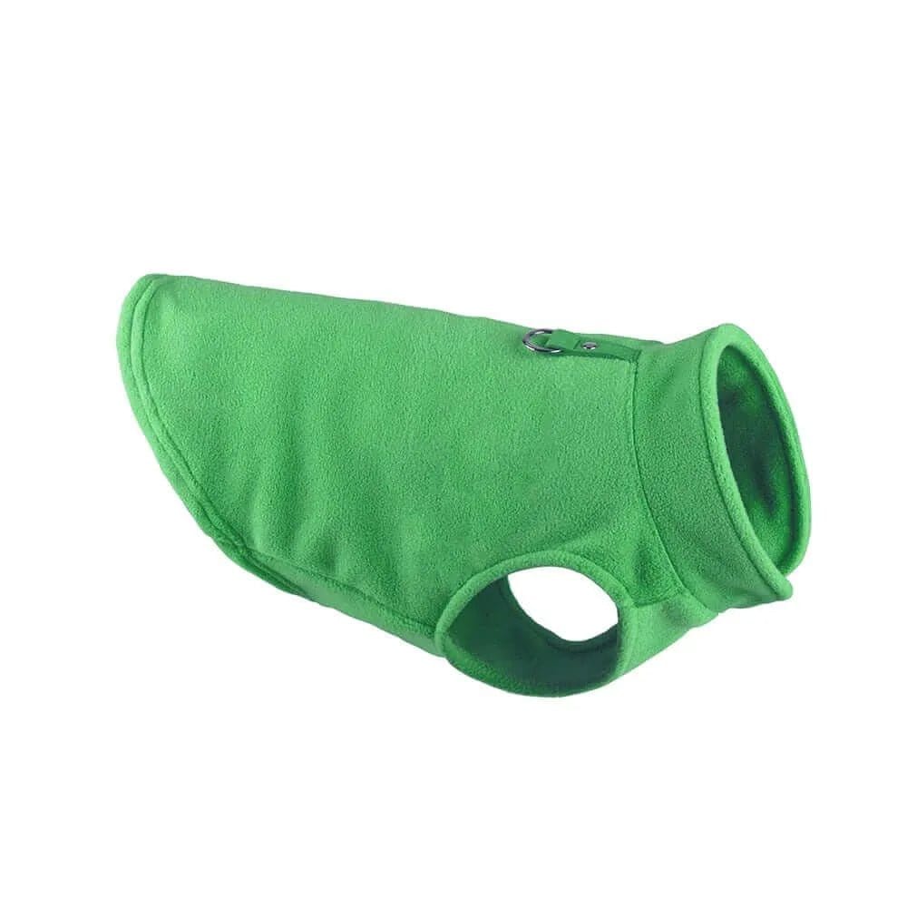 Green fleece dog jacket with a high collar, leg holes, and a metal leash attachment ring on the back.