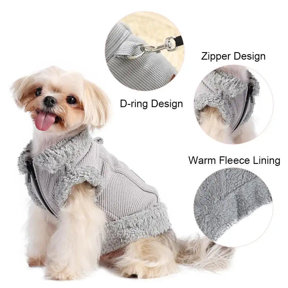 Small dog wearing a grey ribbed fabric vest with fleece trim, featuring a metal D-ring and zipper.