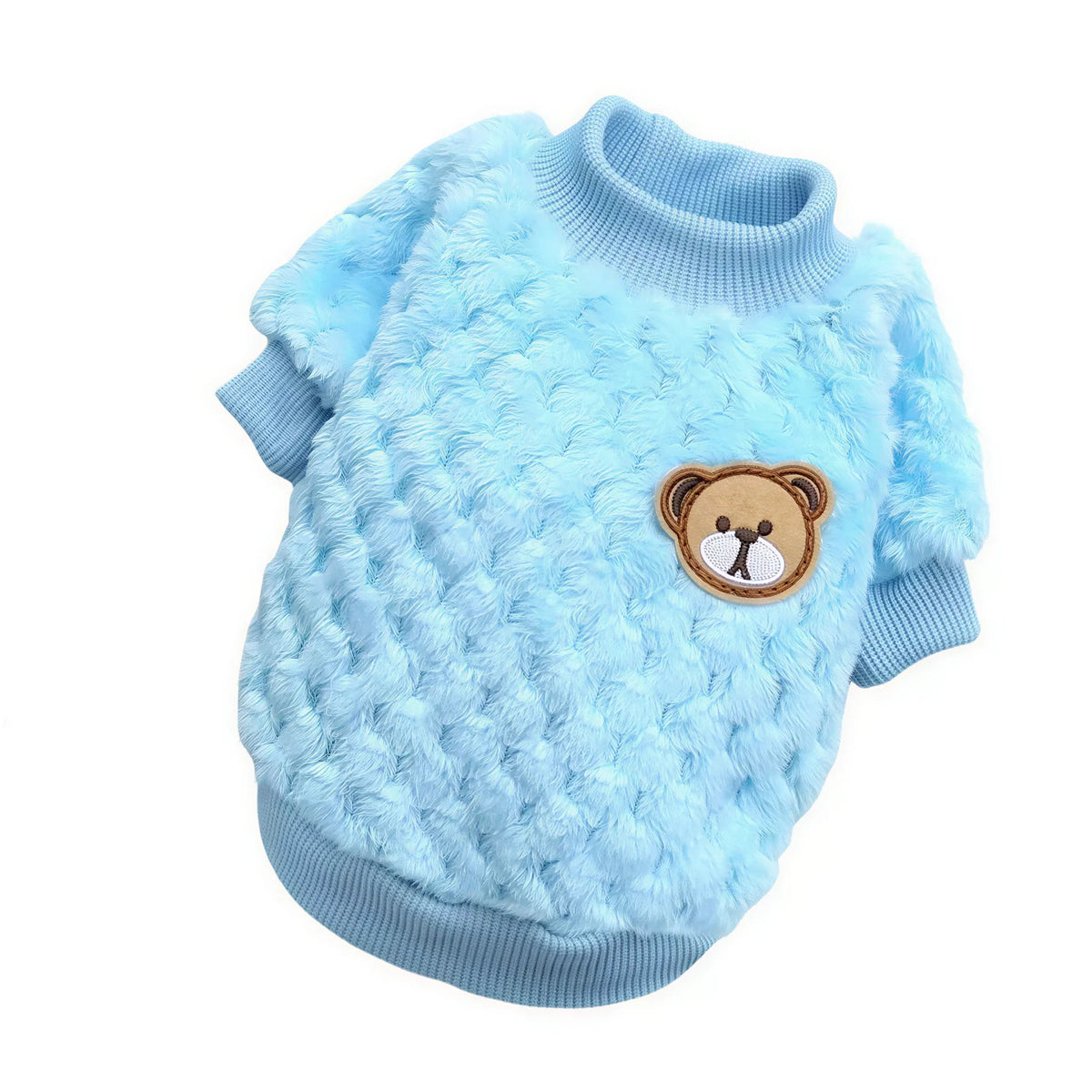 Light blue textured fabric pet sweater with a brown bear patch on the chest and ribbed trim.