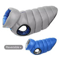 Two reversible quilted fabric dog vests in grey and blue shown from a side profile against a white background.