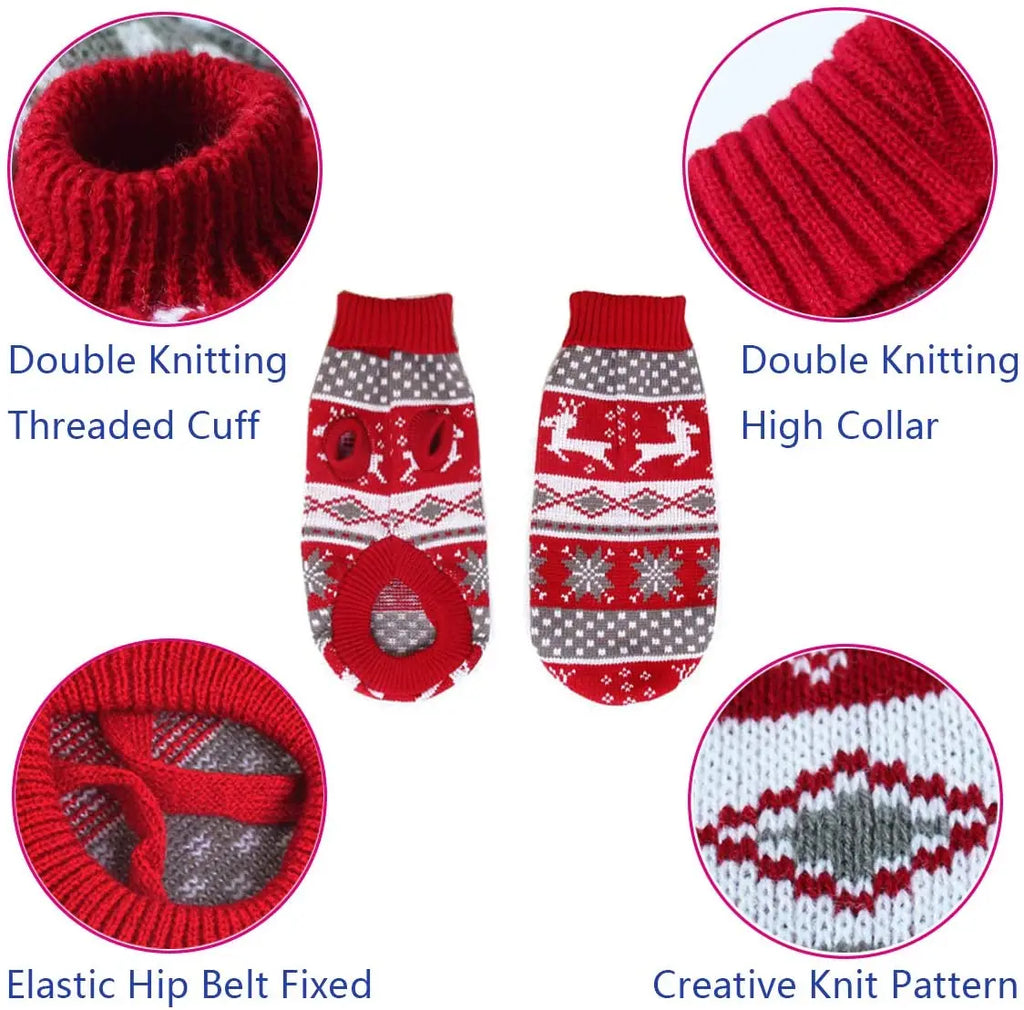 Two red, white, and grey knit dog sweaters with reindeer and snowflake patterns, featuring close-ups of the cuffs and collar.