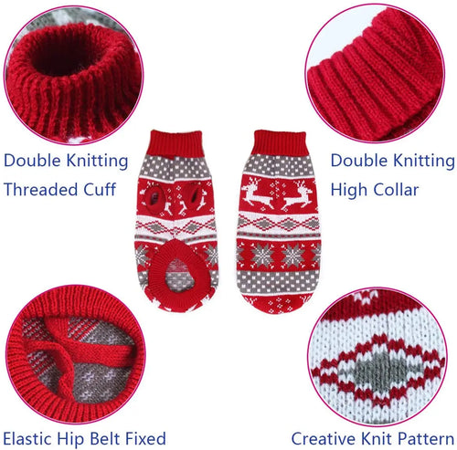 Two red, white, and grey knit dog sweaters with reindeer and snowflake patterns, featuring close-ups of the cuffs and collar.