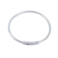 One white plastic LED dog collar with a round translucent light strip and a power button on the clasp.