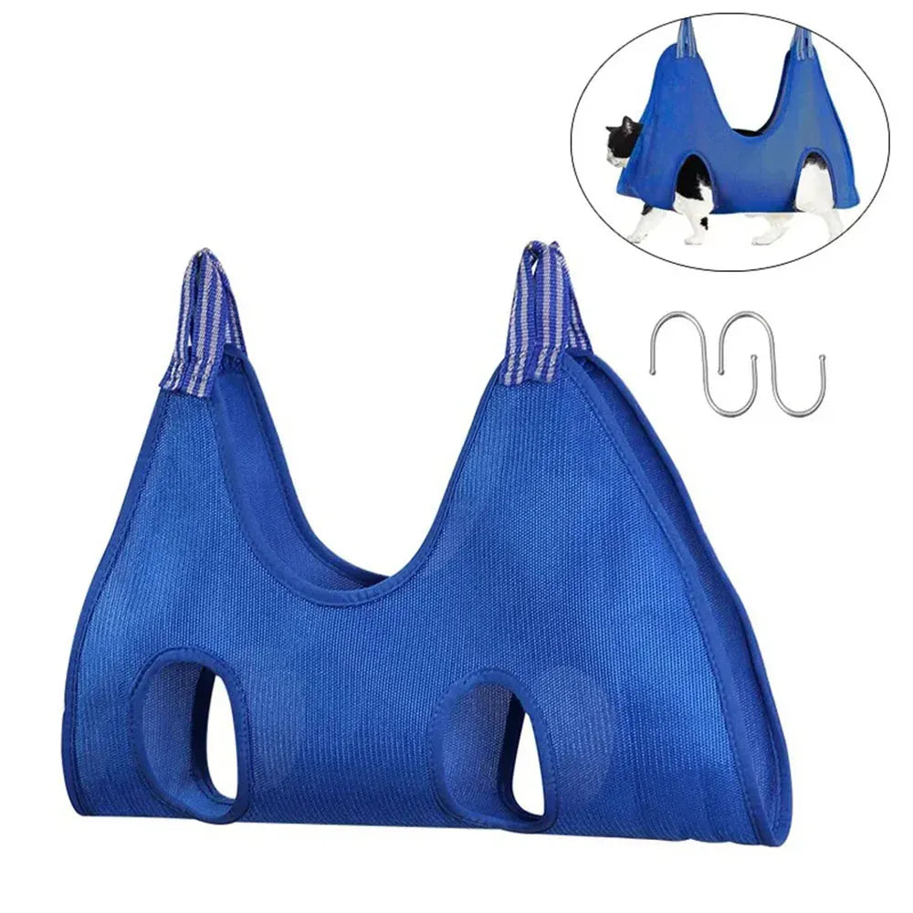 Blue pet carrier with a small inset showing its use on a white background