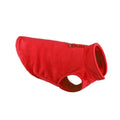 Red fabric dog jacket with a high collar, leg holes, and a metal leash attachment ring on the back.