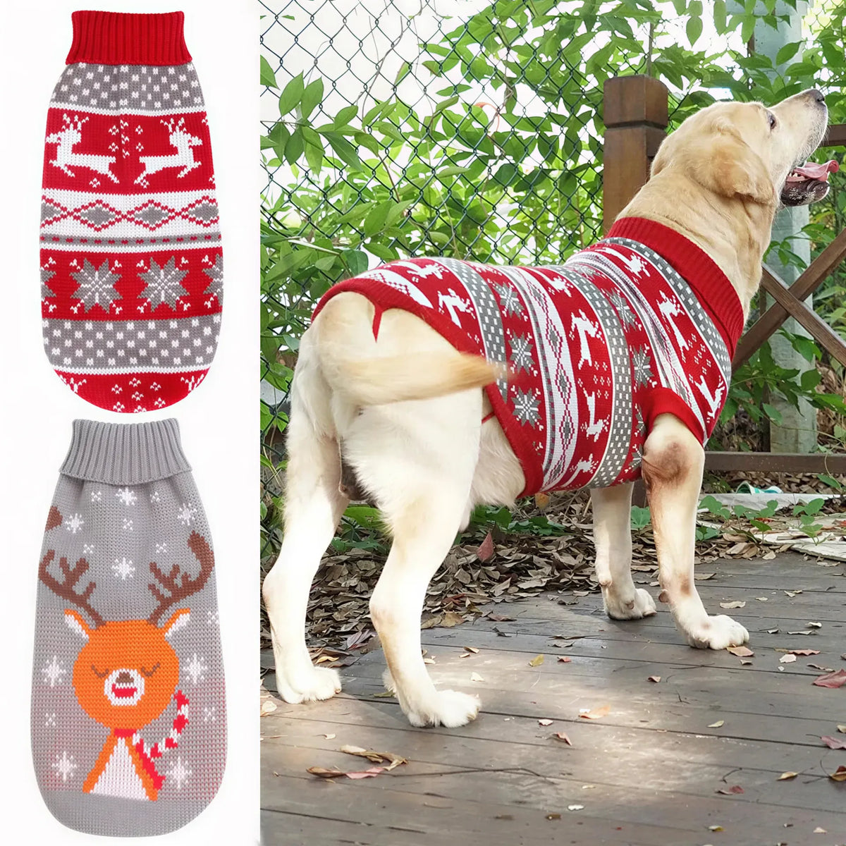 Christmas Dog Sweater – Reindeer & Stripe Turtleneck