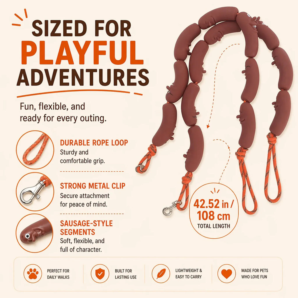 A dog agility rope toy shown on a clean infographic background. The product is a long, sausage-shaped brown rope with small dog silhouettes embedded in each segment, attached to orange and white metal clips.