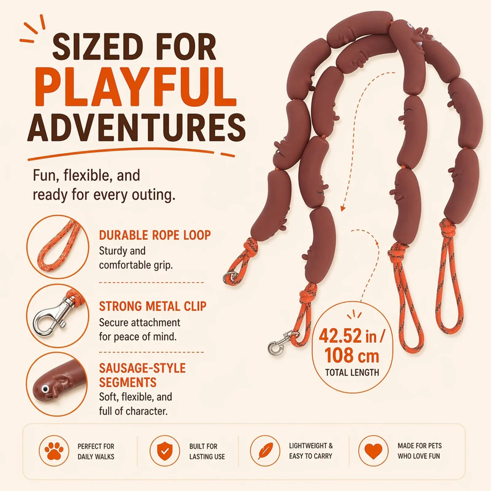 A dog agility rope toy shown on a clean infographic background. The product is a long, sausage-shaped brown rope with small dog silhouettes embedded in each segment, attached to orange and white metal clips.