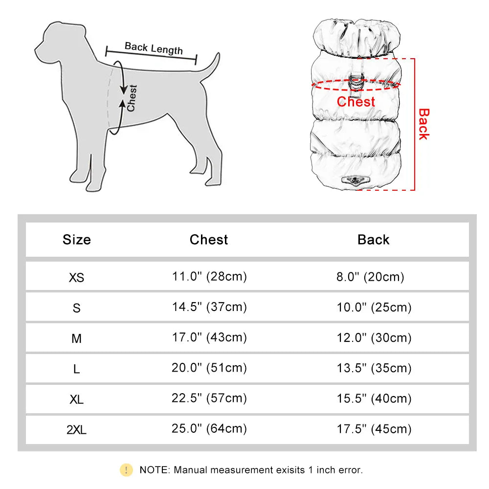 Sizing chart for a quilted dog coat showing measurement points for chest and back length with a table for sizes XS to 2XL.