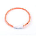 One orange plastic LED dog collar with a white rechargeable power clasp and a scissor icon on the tubing.