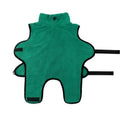 Green fabric dog bathrobe with black trim and straps laid flat.