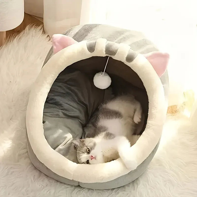 Cat Cave Bed – Plush Covered Pet Bed for Cats & Small Dogs