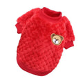 Red textured faux fur pet sweater with ribbed trim and a small bear face patch on the chest.