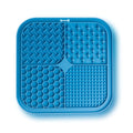 Square blue plastic LickiMat Buddy with four distinct textured quadrants for pet enrichment and slow feeding.