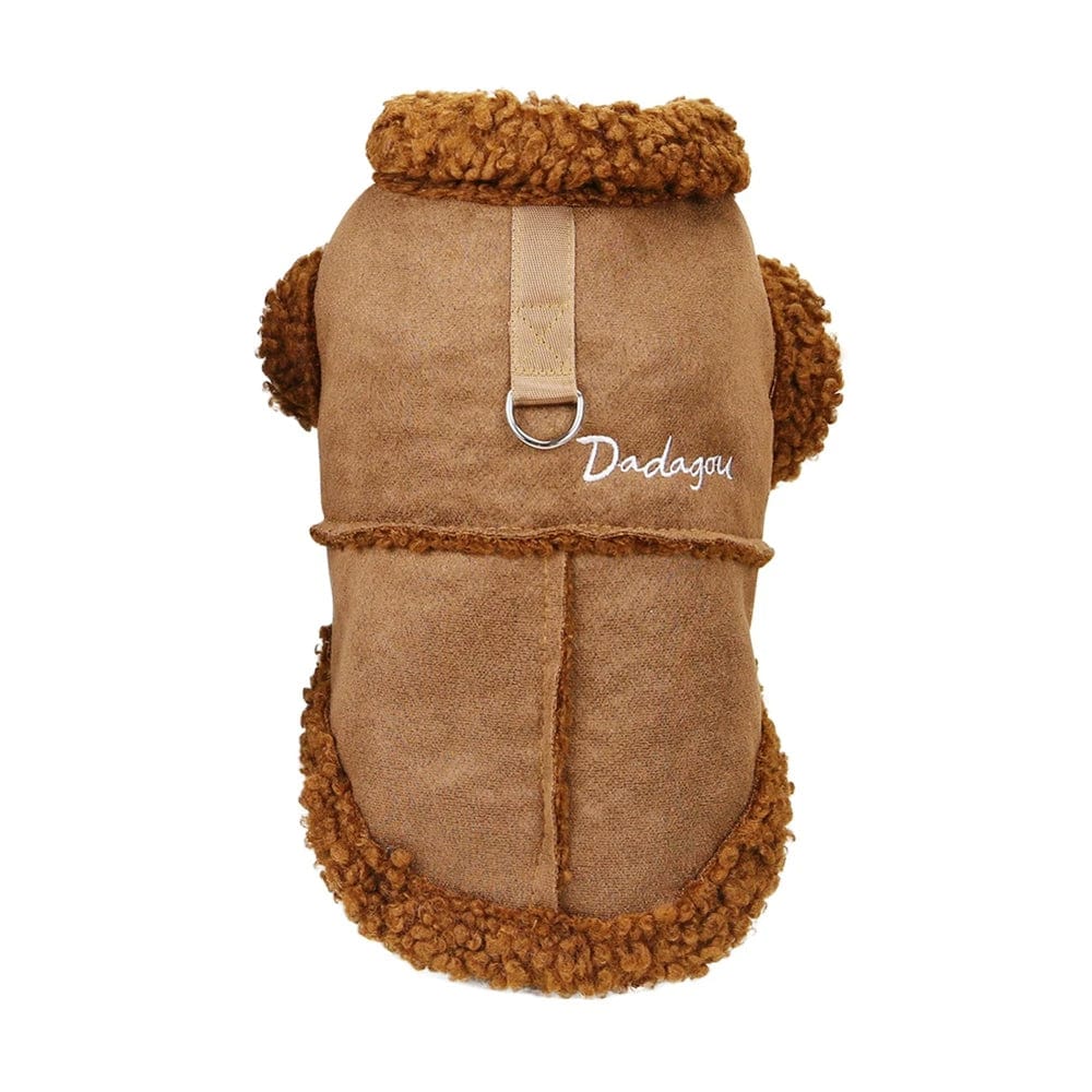Sheepskin jacket for small dogs with plush lamb fleece lining, brown in color, with a collar and a harness.