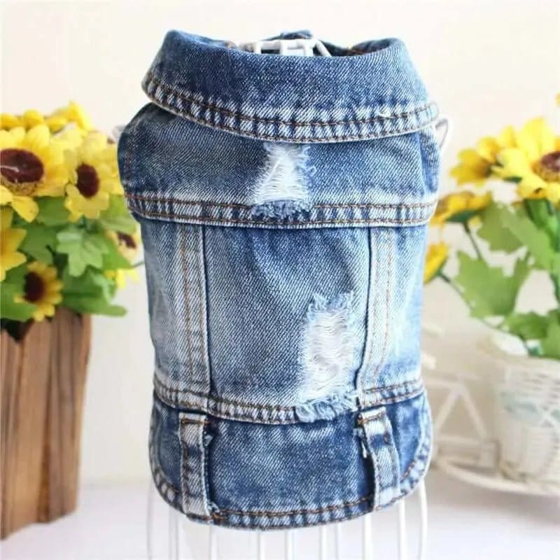 One blue distressed denim dog jacket with frayed holes and bronze stitching displayed on a white wire mannequin.