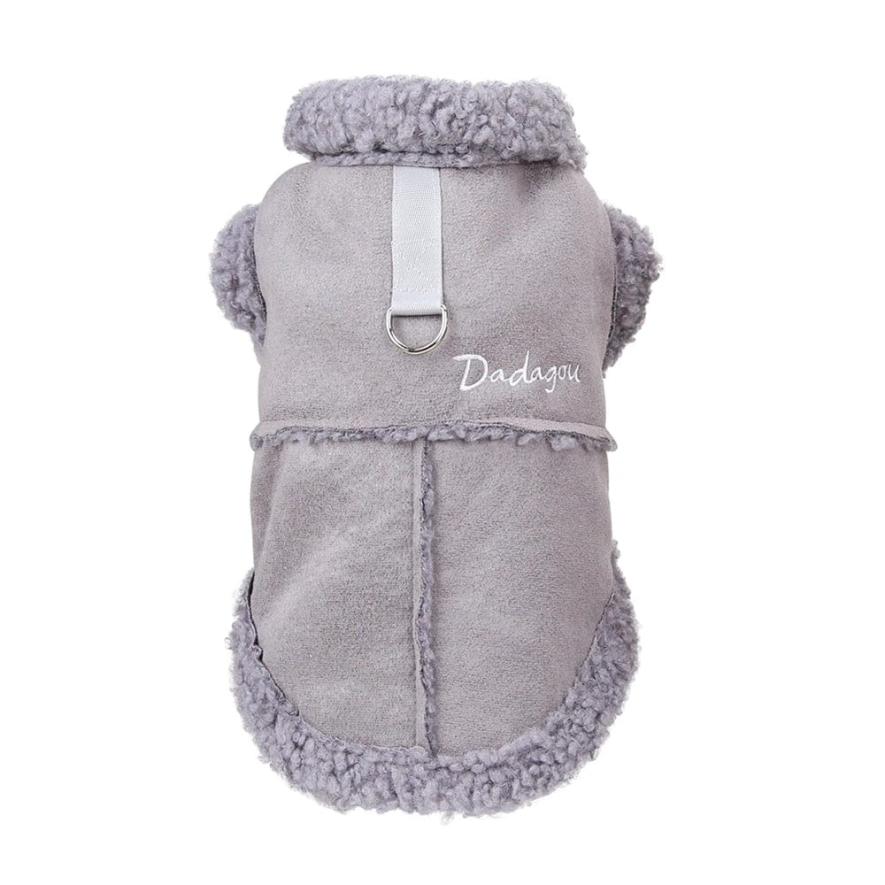 Sheepskin jacket for small dogs with plush lamb fleece lining, brown in color, with a collar and a harness.