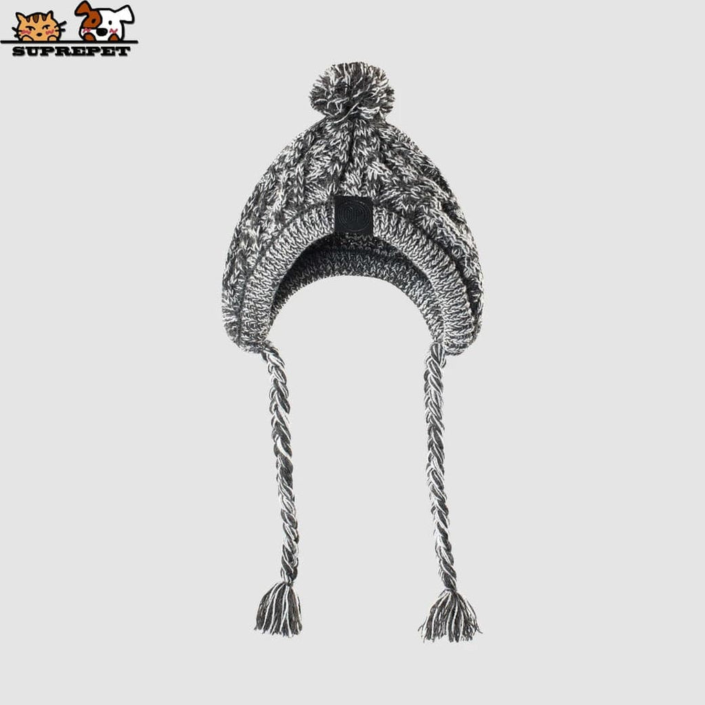 Grey and white marl knitted dog hat with a pom-pom, braided ear straps, and a black SUPREPET logo patch.